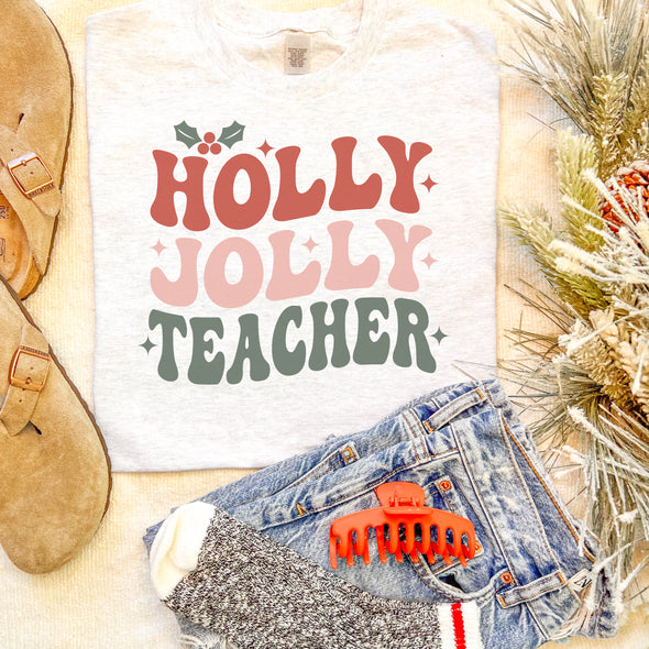 Retro Holly Jolly Teacher Christmas Graphic Tee