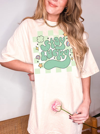 Comfort Colors® Retro Checkered Stay Lucky Saint Patrick's Day Graphic Tee