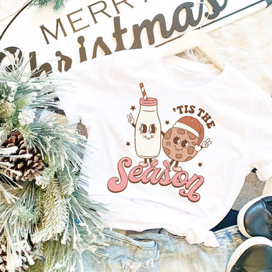 Retro Tis the Season Cookies and Milk Christmas Graphic Tee